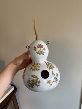 Hand-Painted White Gourd Birdhouse - Floral Applique - Homegrown Organic Garden